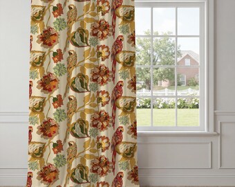 Mustard Gold Parrot Curtains – Tropical Bird and Floral Window Drapes, Bohemian Maximalist Home Decor for Living Room or Sunroom