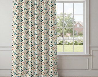 Cream Teal Floral Curtains – Peach Botanical Window Drapes, Cottagecore Bedroom Decor, Scandinavian Living Room Window Treatment