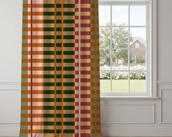 Burnt Orange Green Plaid Curtains – Retro Geometric Check Drapes, Mid-Century Modern Window Treatment for Eclectic Living Room Decor