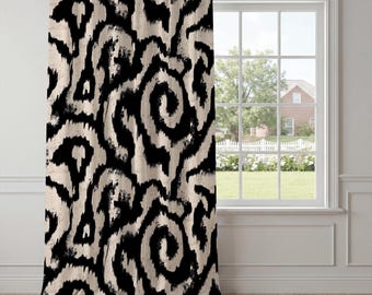 Black Beige Ikat Curtain Panel – Abstract Tribal Window Drapery, Modern Bohemian Curtain, Neutral Geometric Home Decor Accent