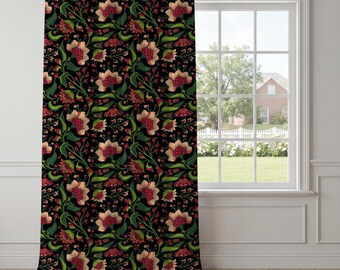 Black Floral Curtains – Folk Art Botanical Window Drapes, Large Red Green Vine and Moth Panels, Maximalist Boho Living Room Decor