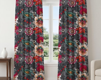 Dark Floral Curtains – Boho Folk Art Window Panels, Colorful Botanical Drapes, Maximalist Statement Curtains for Living Room Bedroom Decor