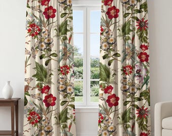 Red Botanical Curtains – Vintage Floral Window Panels, Classic Garden Drapes, Elegant Nature Curtains for Living Room Bedroom Decor