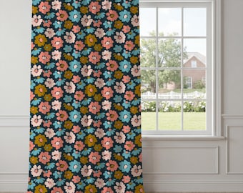 Navy Coral Floral Curtains – Retro Botanical Window Drapes, Mid-Century Modern Blooms, Maximalist Eclectic Living Room and Bedroom Decor