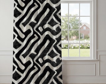 Black Ivory Geometric Curtains – Abstract Hand-Drawn Window Drapes, Bold Monochrome Window Panels, Modern Boho Living Room Decor