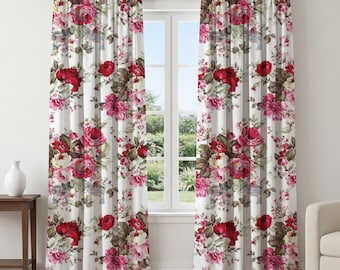 Red Pink Rose Curtains – Romantic Vintage Floral Window Panels, Shabby Chic Drapes, Cottagecore Flower Curtains for Bedroom Living Room