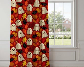 Red Halloween Ghost Curtains – Spooky-Cute Autumn Leaf Window Drapes, Playful Cottagecore Panels for Kids Room and Living Room Decor