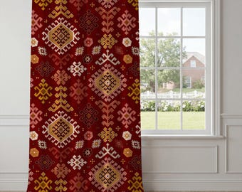 Deep Red Kilim Curtains – Folk Geometric Window Drapes, Boho Southwestern Curtain Panel, Rustic Living Room Statement Home Decor