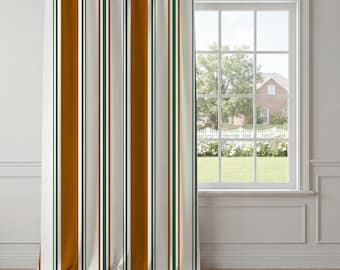 Burnt Orange Forest Green Stripe Curtains – Retro Vertical Window Panels, Mid-Century Modern Drapes for Living Room Bedroom Decor