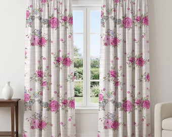 Pink Rose Curtains – Shabby Chic Floral Window Panels, Vintage Rustic Drapes, Cottagecore Romantic Curtains for Bedroom Living Room Decor