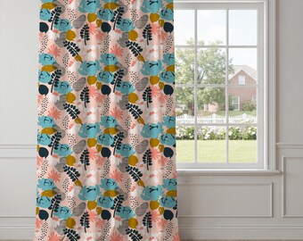 Pink Turquoise Floral Curtains – Abstract Botanical Window Drapes, Mid-Century Modern Boho Statement Panels for Living Room Decor