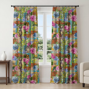 May include: Floral patchwork curtains with a vibrant mix of colors. The design features large pink and blue roses, leopard print accents, and various patterned squares. The curtains hang in front of a window, adding a decorative touch to the room.