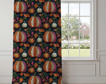 Dark Navy Pumpkin Curtains – Embroidered Autumn Gourd Window Drapes, Cottagecore Kitchen Decor, Rustic Folk Dining Room Window Treatment