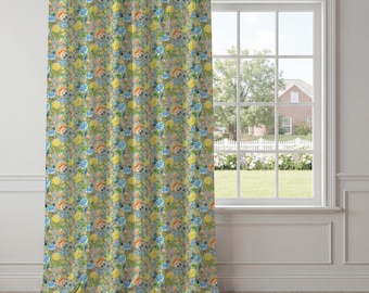 Sage Green Floral Curtains – Watercolor Botanical Window Drapes, Cottagecore Living Room Window Panels, Maximalist English Country Decor