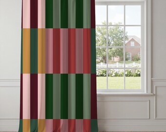 Burgundy Green Stripe Curtains – Retro Color Block Window Drapes, Mid-Century Modern Panels, Maximalist Eclectic Living Room Decor