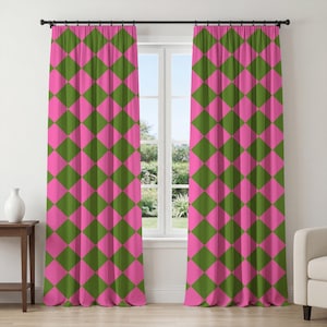 Pink Green Diamond Curtain – Harlequin Pattern Window Panel, Bold Retro Drape, Playful Geometric Curtain for Eclectic Bedroom Space Decor