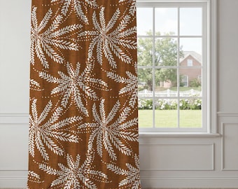 Rust Brown Botanical Frond Curtains – Boho Leaf Window Drapes, Organic Modern Statement Panels for Living Room or Bedroom Decor