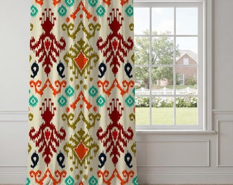 Boho Ikat Curtain Panel – Colorful Tribal Window Drapes, Southwestern Geometric Curtain, Bohemian Living Room Decor, Blackout Curtain