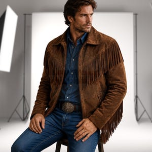 May include: A brown suede jacket featuring long fringe detailing across the chest and back, a classic collar, and a front zipper closure. The jacket is worn over a blue button-down shirt and blue jeans with a large, ornate metal belt buckle.
