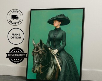 Impresión en lienzo de una mujer victoriana a caballo, elegante arte mural