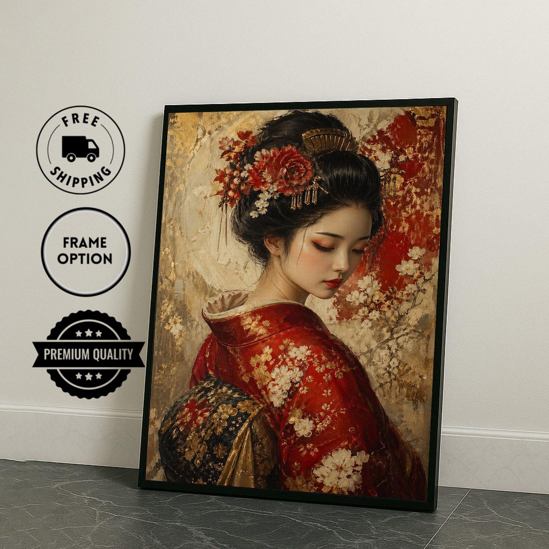 Japanese Geisha Framed Wall Art, Red Gold Kimono Canvas Print, Asian ...