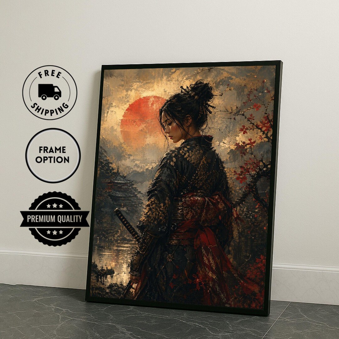 Japanese Samurai Woman Framed Wall Art, Red Black Warrior Canvas Print ...