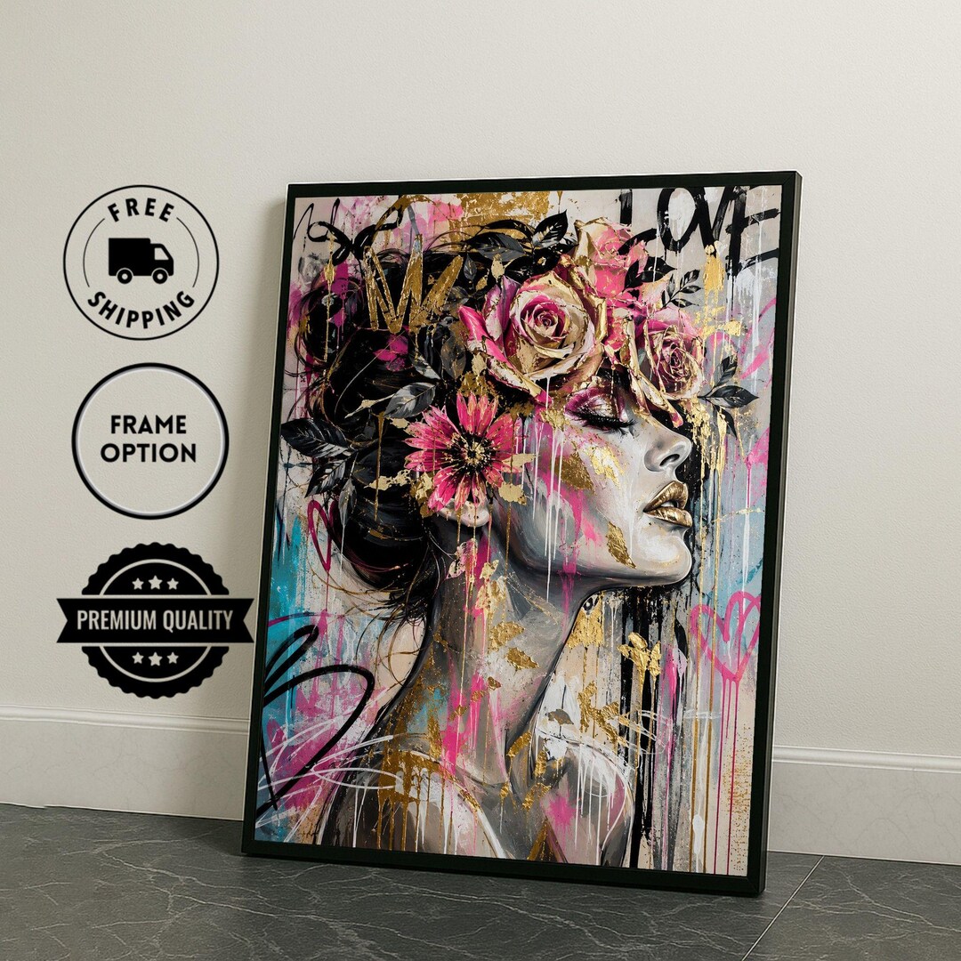 Floral Woman Portrait Framed Wall Art, Pink Gold Canvas Print, Living ...