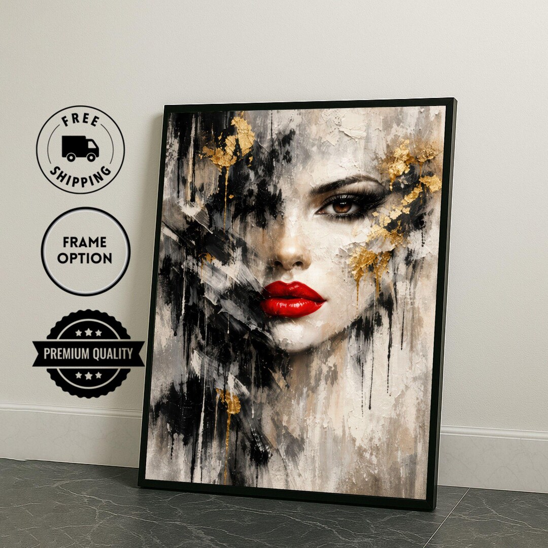 Abstract Woman Portrait Framed Wall Art, Gold Black Red Canvas Print ...