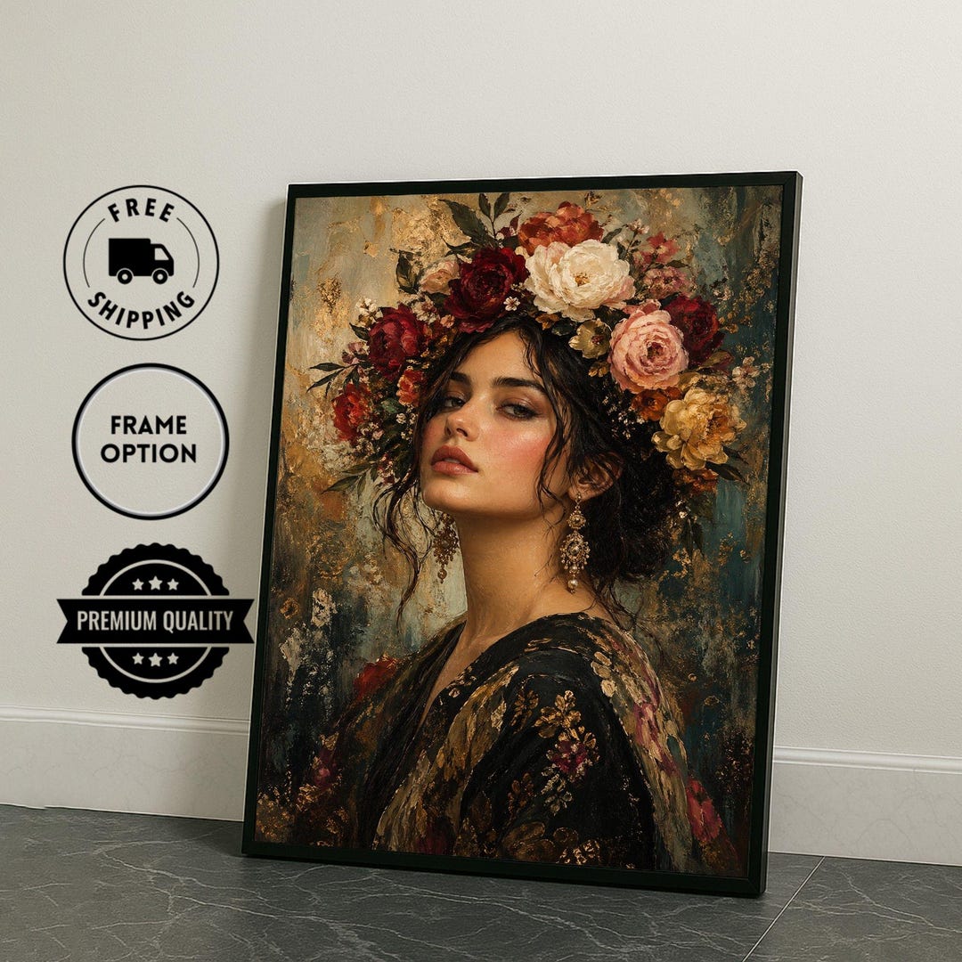 Floral Crown Woman Portrait Framed Wall Art, Rich Colorful Canvas Print ...