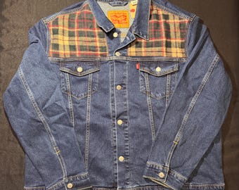 XXL Vintage Denim Jacket | Custom Levi Jacket | Flannel Shirt Panel Details | One of One Upcycled Jean Jacket
