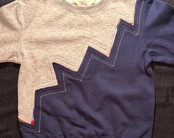 Custom Toddler Crewneck 5T/6 | Gray & Blue Zigzag Sweatshirt | Handmade Kids Patchwork Top | One of One