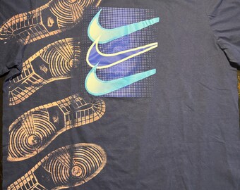 Custom Blue Sneaker Print T-Shirt | Handmade Streetwear Tee | Bleached Sole Print Shirt | Urban Fashion Graphic Tee Extra Large