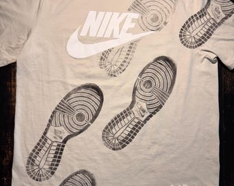 Custom Grey Sneaker Print T-Shirt | Handmade Streetwear Tee | Black Fabric Paint Sole Print Shirt | Urban Fashion Graphic Tee Large
