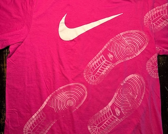 Custom Pink Sneaker Print T-Shirt | Handmade Streetwear Tee | Bleached Sole Print Shirt | Urban Fashion Graphic Tee Extra Large