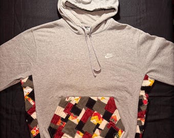 Upcycled Nike Hoodie Patchwork Pouch & Side Panels | One of One Gray Hoodie | Vintage Unisex Large