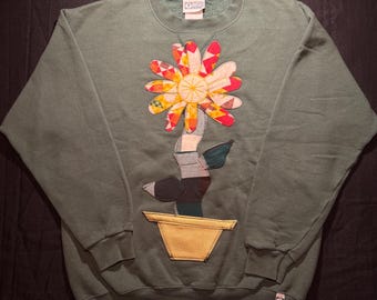 Vintage Green Discus Athletic Crewneck | Upcycled Patchwork Flower Sweatshirt | Unisex Medium Fits Large | One of One