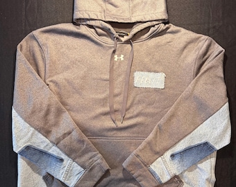 Upcycled Under Armour Hoodie | One of One Denim Patchwork Hoodie | Gray Reworked Sweatshirt | Unisex XXL