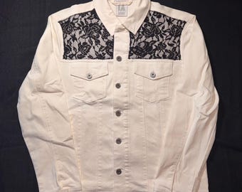 Upcycled White Denim Jacket Medium | Black Floral Lace Panel Jacket | One of One Custom Contrast Jean Jacket