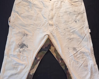 One of One Upcycled White Dickies Painter Pants w Camo Inseam Gold Stitching Handmade Workwear Streetwear