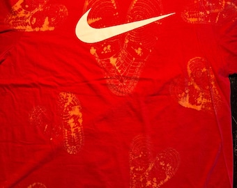 Custom Red Sneaker Print T-Shirt | Handmade Streetwear Tee | Bleached Sole Print Shirt | Urban Fashion Graphic Tee Extra Large
