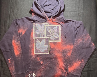 Upcycled Portland Gear Hoodie | Patchwork Tapestry Leaf Design | Bleached Blue Hoodie | Unisex Small Fits Medium