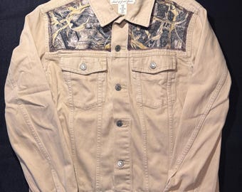 Upcycled Tan Denim Jacket Medium | Camo Panel Jacket | One of One Custom Contrast Denim Jacket
