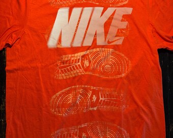 Custom Orange Sneaker Print T-Shirt | Handmade Streetwear Tee | Bleached Sole Print Shirt | Urban Fashion Graphic Tee Large