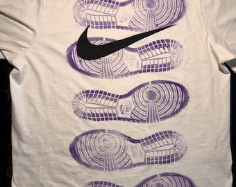 Custom White Sneaker Print T-Shirt | Handmade Streetwear Tee | Purple Fabric Paint Sole Print Shirt | Urban Fashion Graphic Tee Large