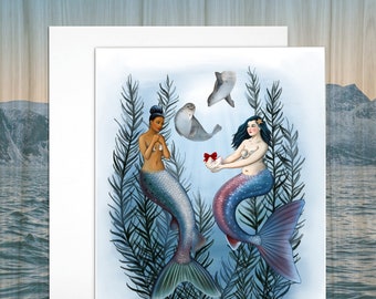 Mermaid Love Christmas or Valentine's Day Greeting Card