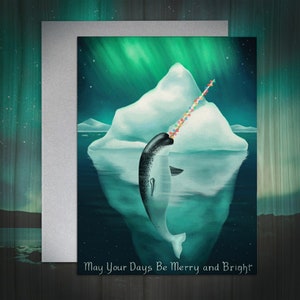 Cute Narwhal Arctic Christmas Card, Blank Inside, Handmade, Illustrated Holiday Card, Christmas Card Set