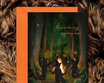 Witches Dancing Greeting Card, Samhain, Black Bear Halloween