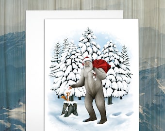 Sasquatch Christmas Card, Greeting Card Set, Cryptid Art, Illustrated Holiday Card, Bigfoot
