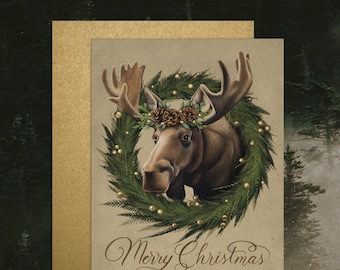 Moose Christmas Card, Greeting Card Set, Wildlife Art, Illustrated Holiday Card, Nature