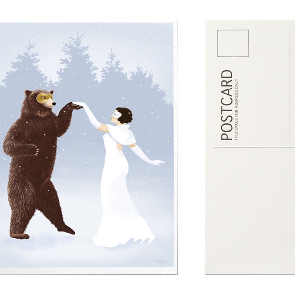 Art Postcards, Illustrated Holiday Cards, Animal Christmas Cards, Postcard Set, Dancing Bear, Masquerade Ball